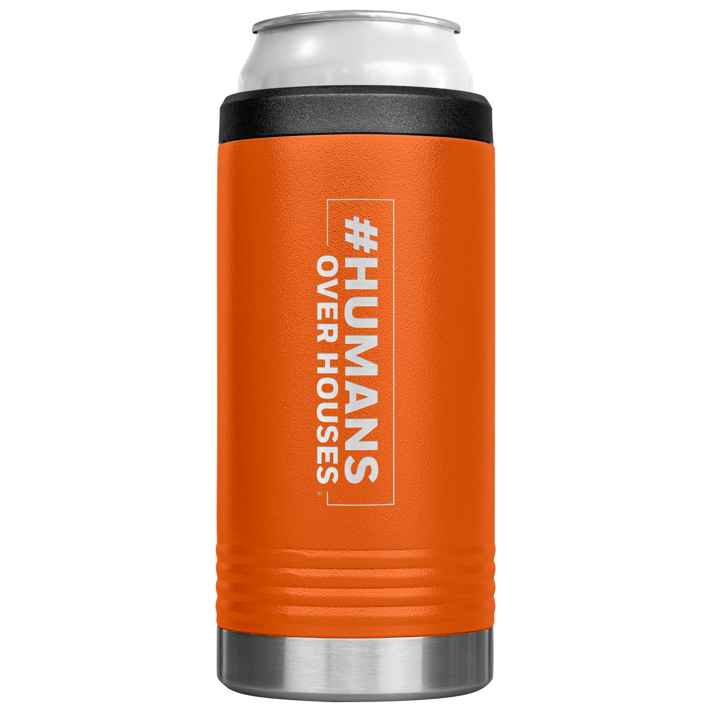 Humans_Over_Houses_Slim_Can_Cooler_12oz_Koozie_Main_Orange_Mockup.png
