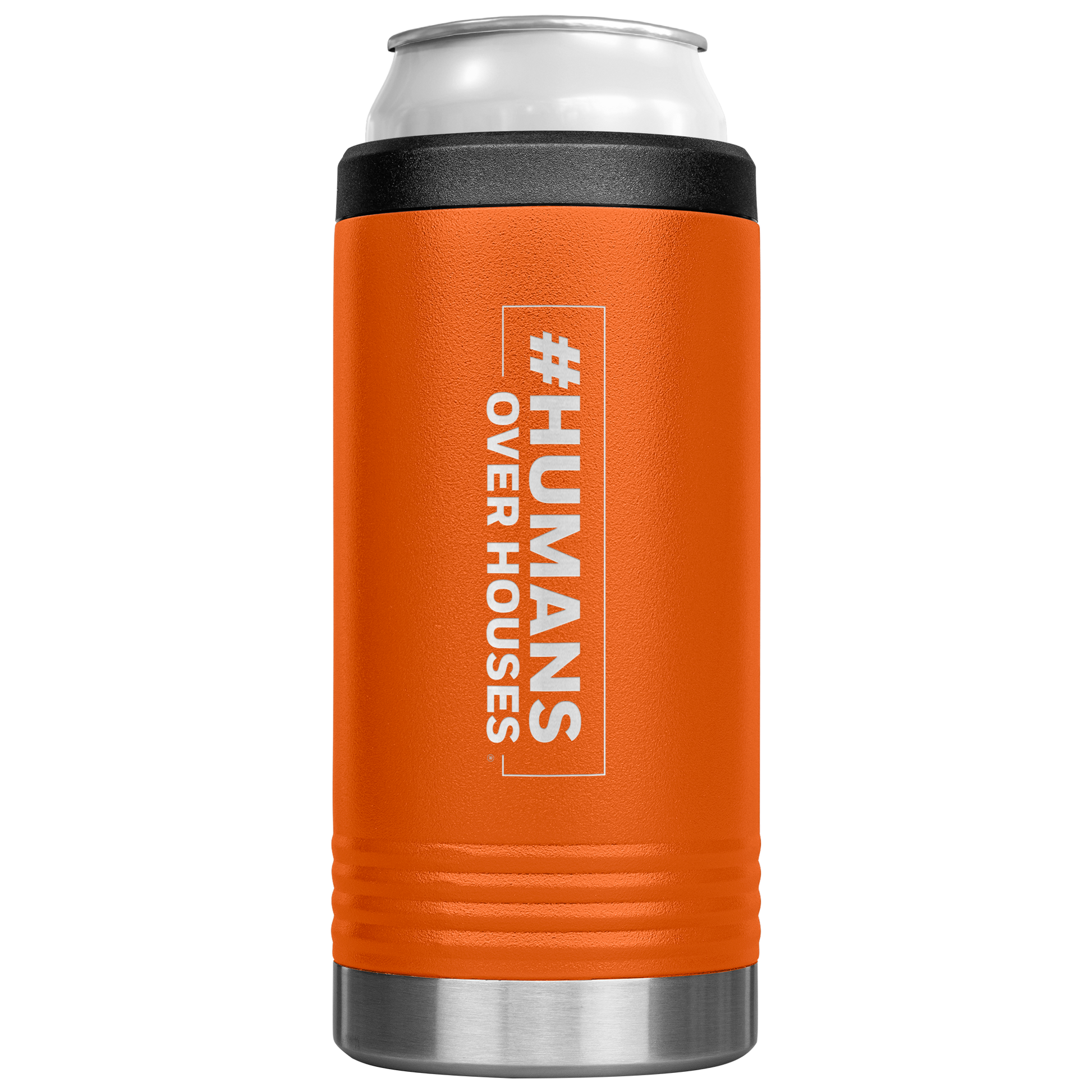 Humans_Over_Houses_Slim_Can_Cooler_12oz_Koozie_Main_Orange_Mockup.png