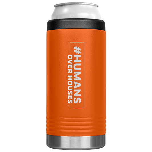 Humans_Over_Houses_Slim_Can_Cooler_12oz_Koozie_Main_Orange_Mockup.png